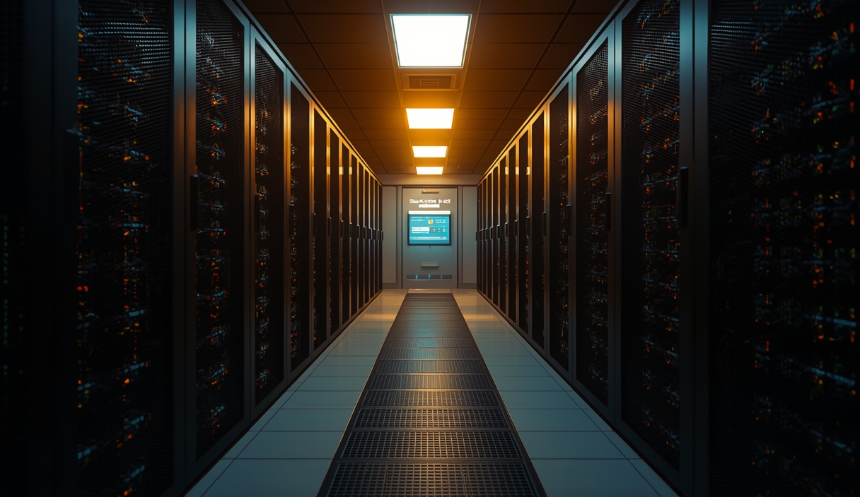 Gambar buatan AI, bukan foto asli: server room glowing lights, ilustrasi untuk berita: Agen AI Baca Data Rahasia Perusahaan di India Tanpa Izin.