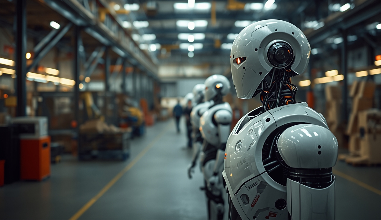Gambar buatan AI, bukan foto asli: industrial robot warehouse, ilustrasi untuk berita: AGIBOT Usulkan Worken, Kerangka Pengukur Kinerja Mandiri Robot Pabrik.