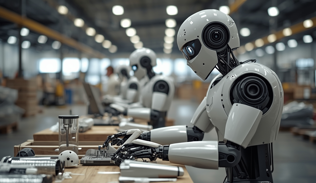 Gambar buatan AI, bukan foto asli: humanoid warehouse robot working, ilustrasi untuk berita: Agility Robotics Turunkan Target Dana Pasar Saham Jadi 465 Juta Dolar AS.