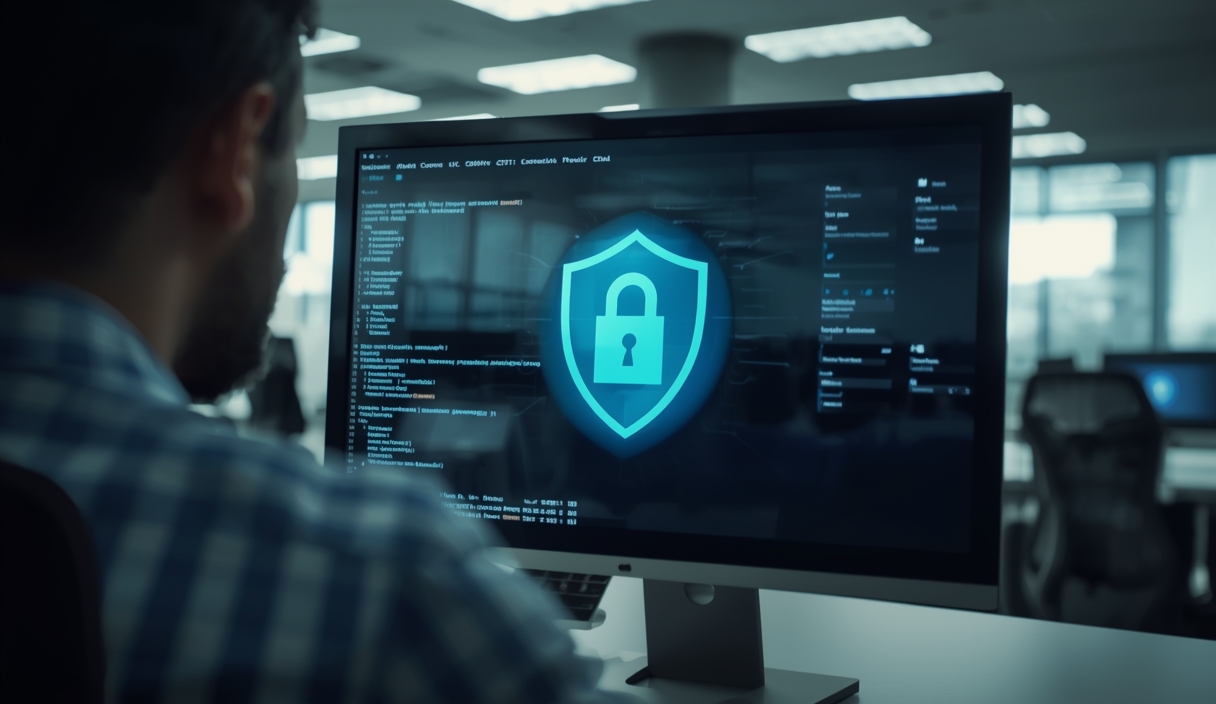 Gambar buatan AI, bukan foto asli: cyber security office screen, ilustrasi untuk berita: Cegah Penipuan Digital, Komdigi Kaji Aturan Wajib Label untuk Konten AI.