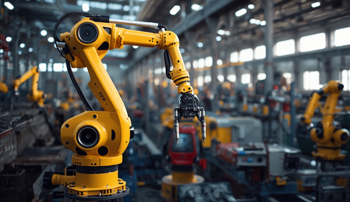 Gambar buatan AI, bukan foto asli: factory automation industrial robot, ilustrasi untuk berita: Era Robot Pabrik Makin Dekat: Boston Dynamics Pacu Komersialisasi AI.
