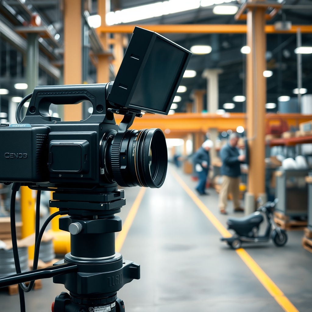 Gambar buatan AI, bukan foto asli: industrial factory inspection camera, ilustrasi untuk berita: Kamera AI OV Spark Bantu Pabrik Cek Cacat Barang Tanpa Ahli Khusus.