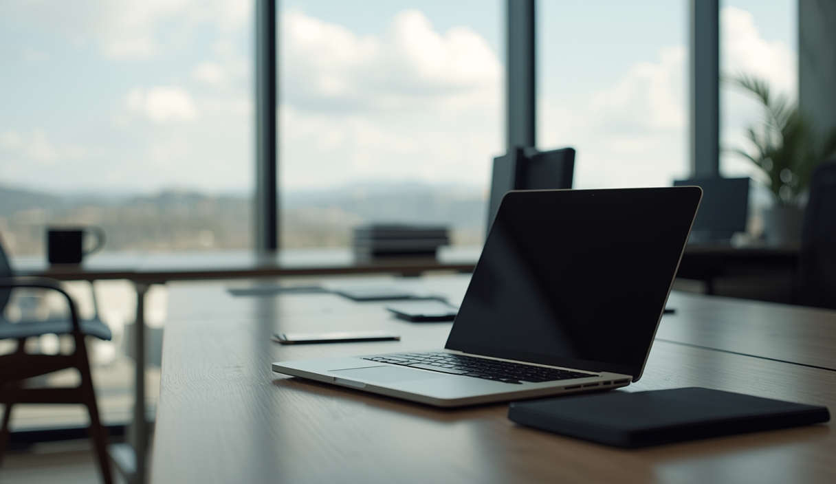 Gambar buatan AI, bukan foto asli: modern laptop office desk, ilustrasi untuk berita: Microsoft Rilis Komputer AI Baru dan Fitur Copilot Pembuka File PC.