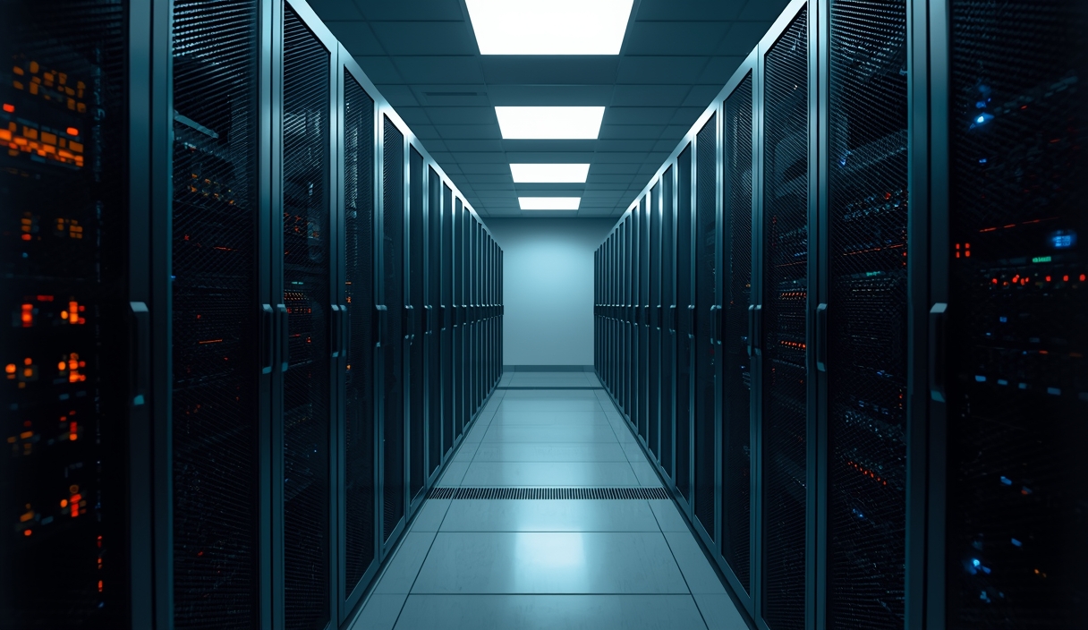 Gambar buatan AI, bukan foto asli: server room cybersecurity, ilustrasi untuk berita: Mistral Rilis Bobot AI Mistral Large 4 untuk Perkuat Pertahanan Siber Mandiri.