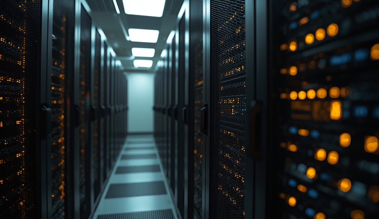 Gambar buatan AI, bukan foto asli: datacenter server racks glowing, ilustrasi untuk berita: OpenAI Rilis AI Kilat Hemat Biaya untuk Pangkas Waktu Layanan.