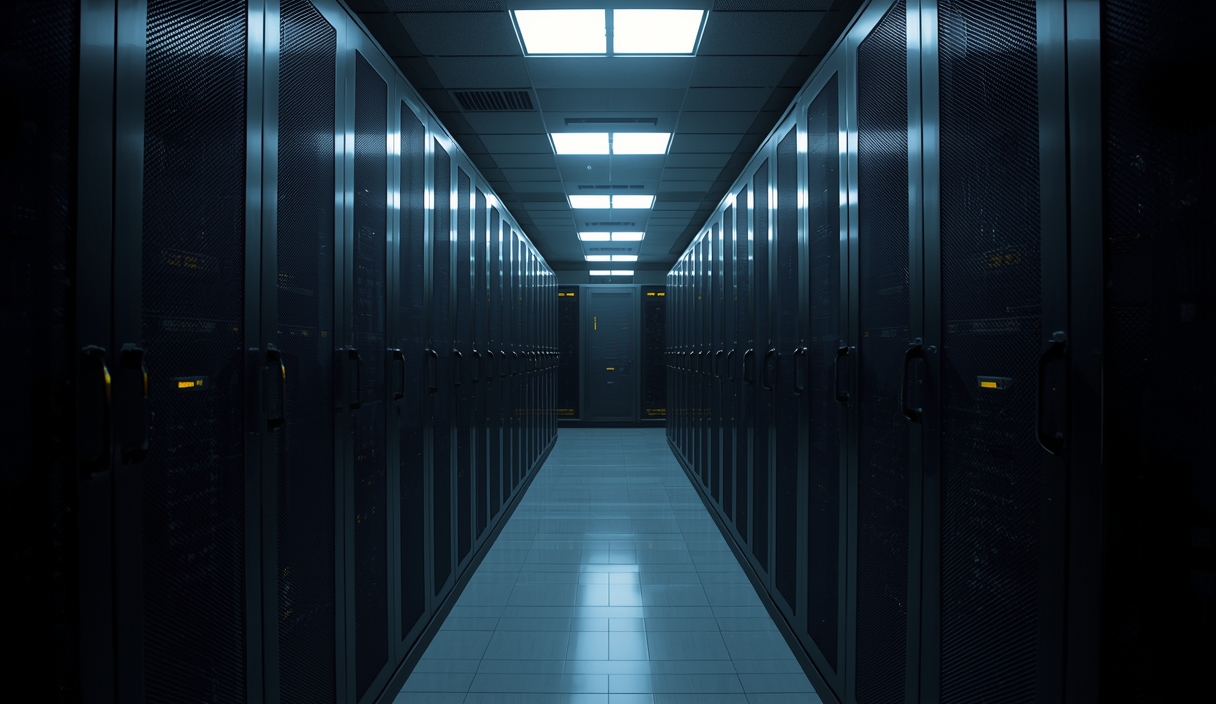 Gambar buatan AI, bukan foto asli: server room security lights, ilustrasi untuk berita: Peretas Diduga Pakai Agen AI Bobol Bank dan Gereja Besar di Korea Selatan.