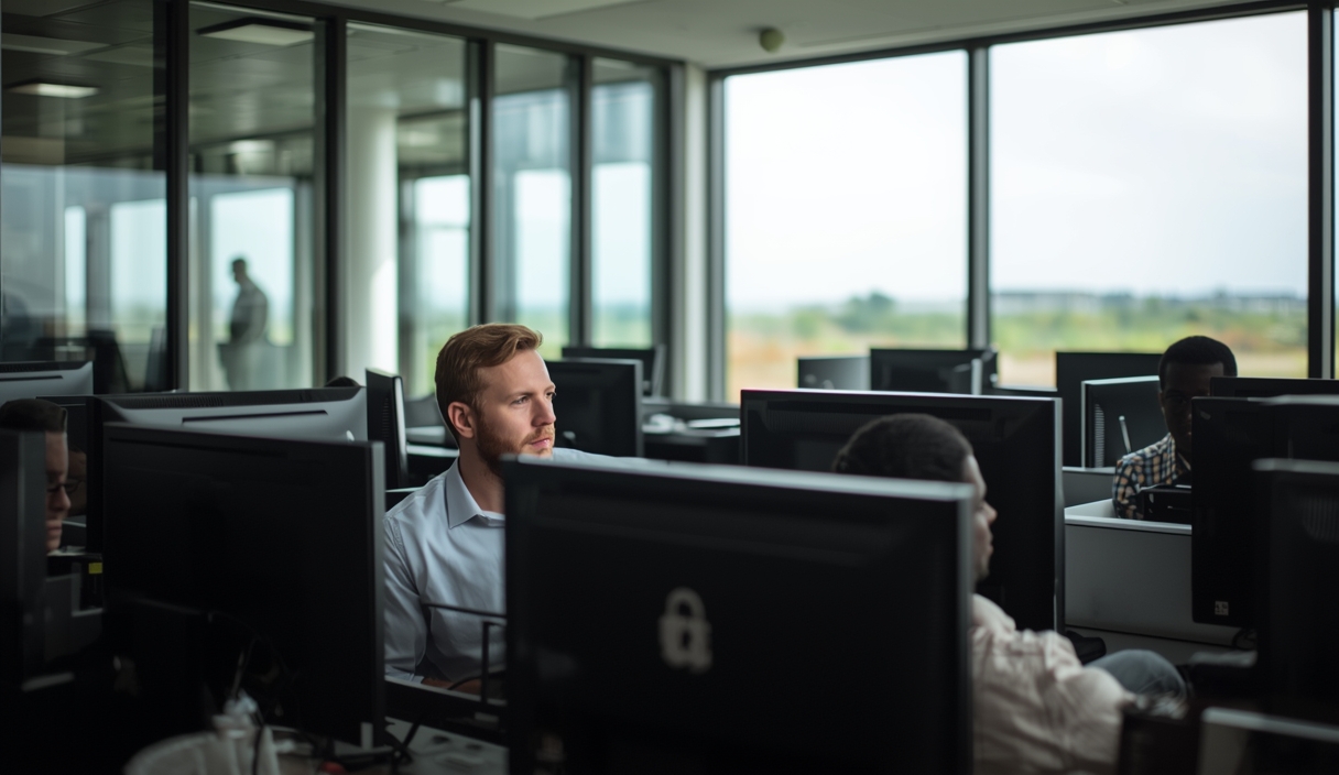 Gambar buatan AI, bukan foto asli: office computer screen security, ilustrasi untuk berita: Petinggi Zoom Jelaskan Cara Amankan Data Perusahaan dari Akses AI.