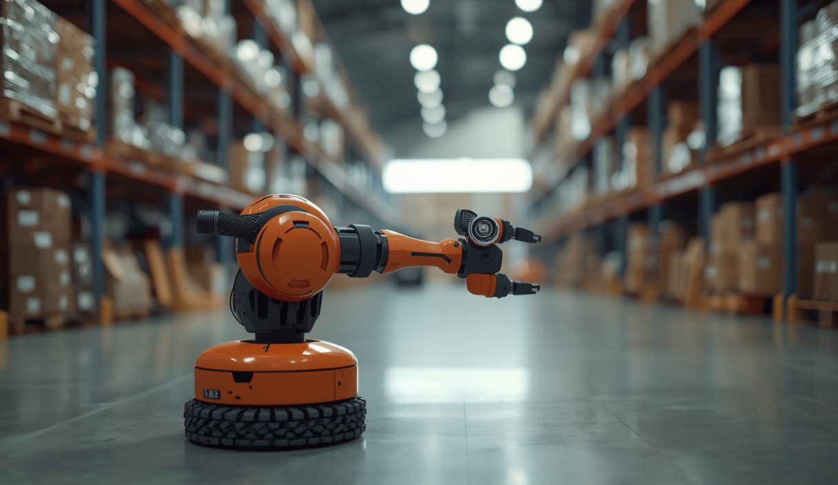 Gambar buatan AI, bukan foto asli: warehouse automation robot, ilustrasi untuk berita: Robot Humanoid Mulai Masuk Gudang, Pengusaha Diingatkan Risiko Balik Modal.