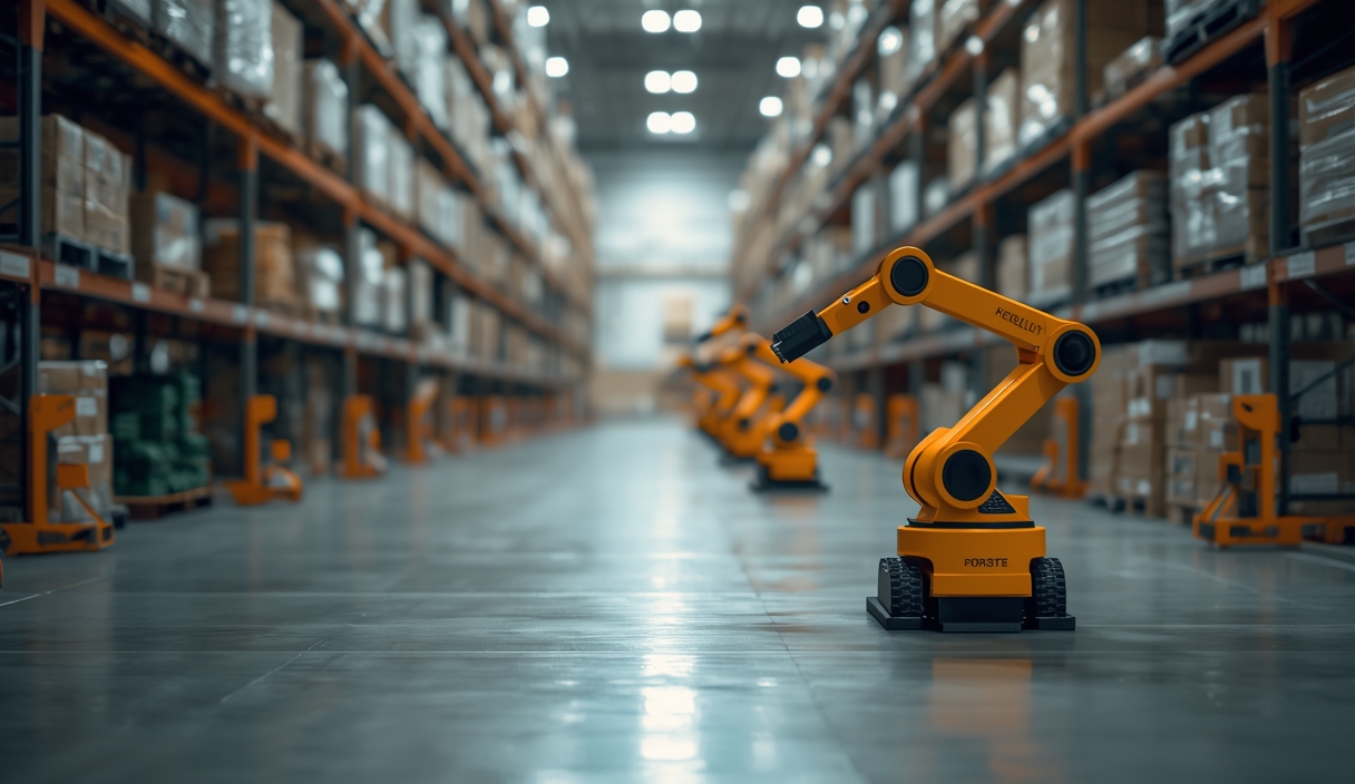 Gambar buatan AI, bukan foto asli: automated warehouse logistics robots, ilustrasi untuk berita: Solusi Atasi Kesenjangan Data di Gudang Otomatis.